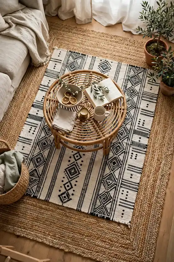 Layered jute and mudcloth rugs in a small apartment