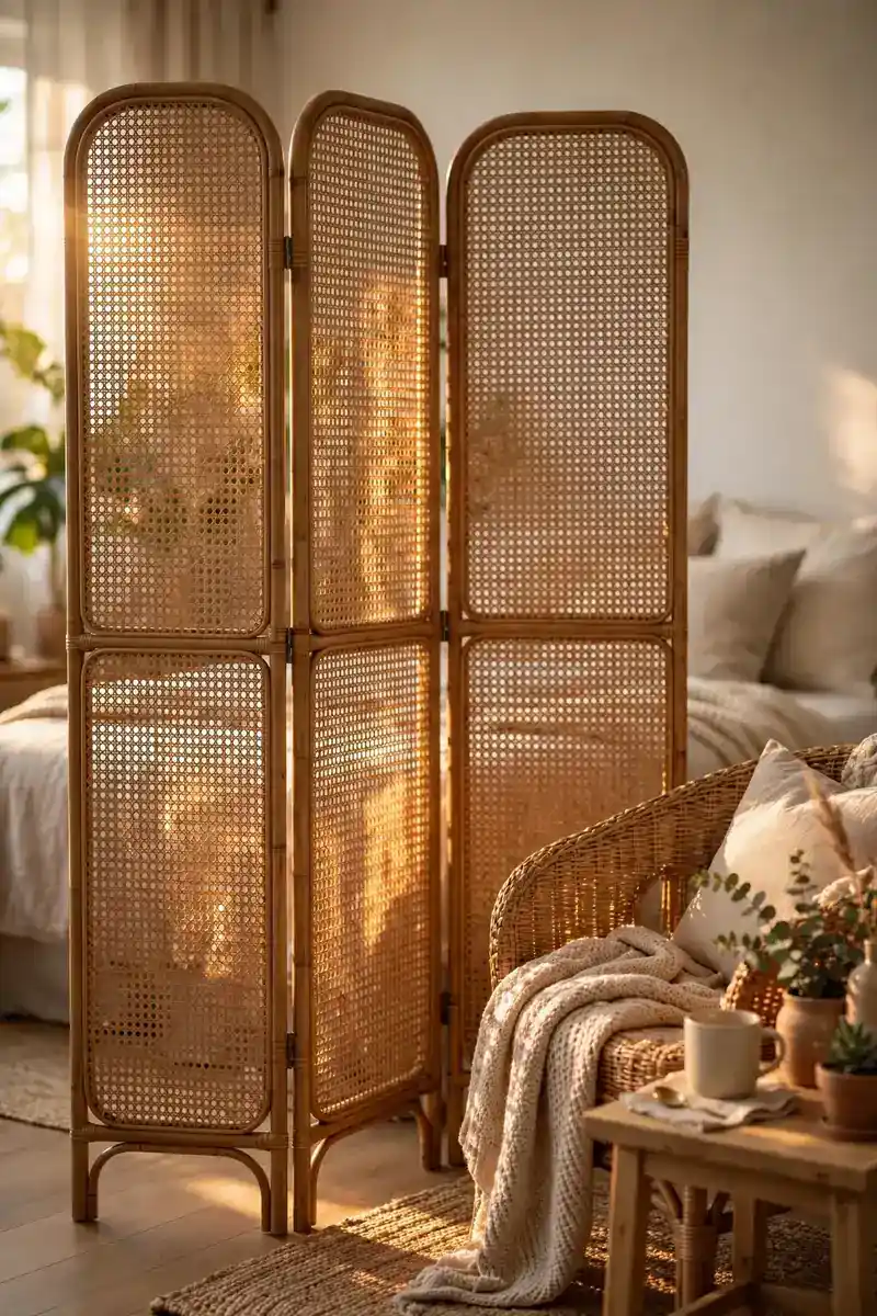 Rattan folding screen dividing a studio apartment