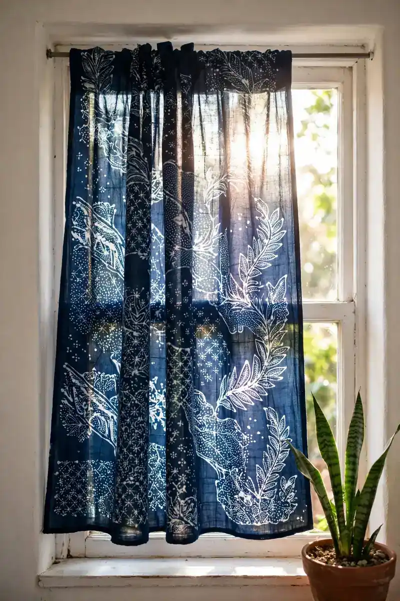 Adire fabric curtain on a tension rod in an apartment window