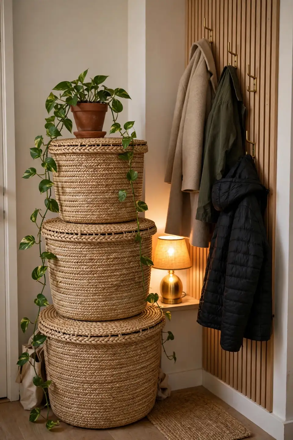 Stacked seagrass basket storage tower in an apartment entryway