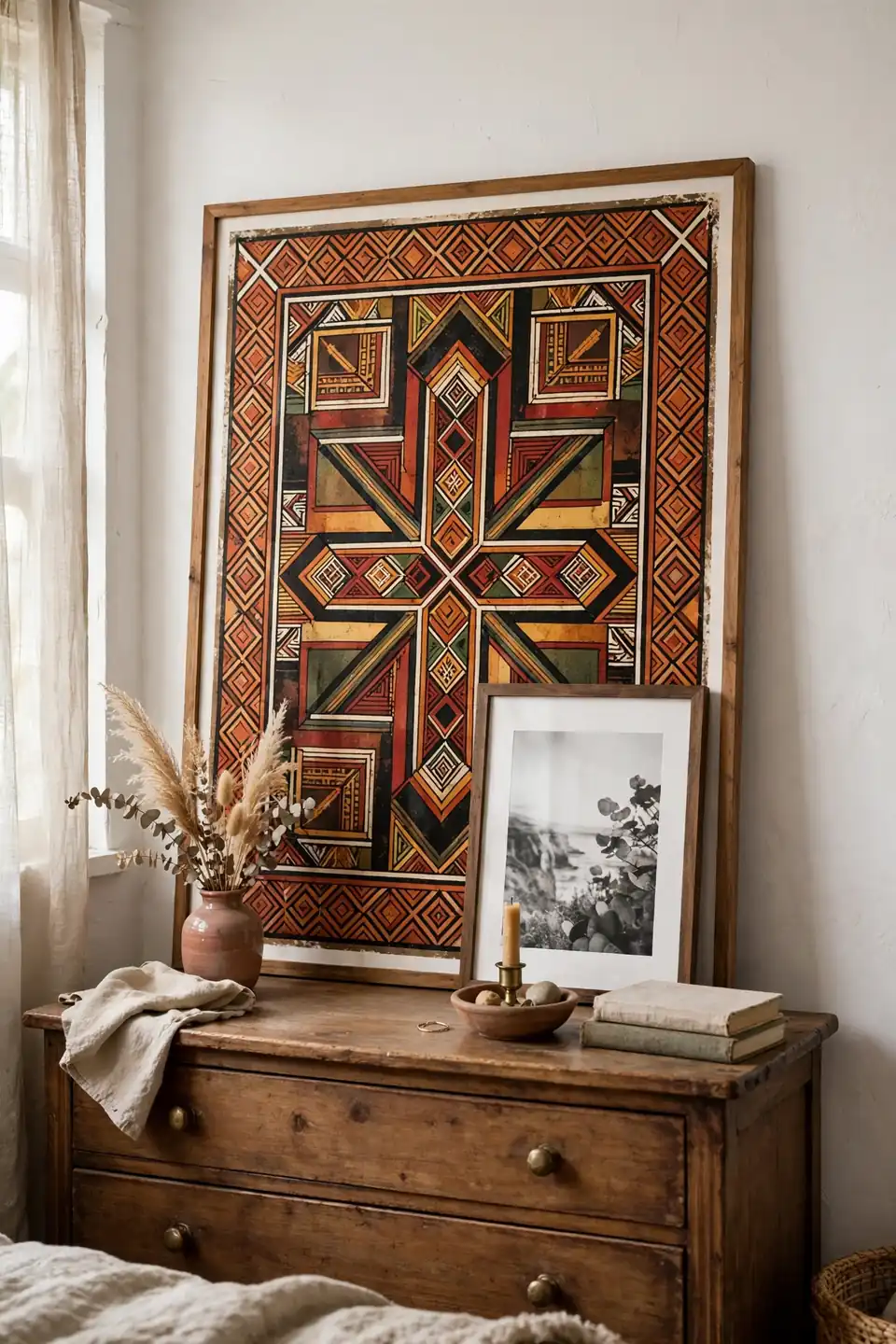 Large framed Ethiopian-inspired art leaning on a dresser
