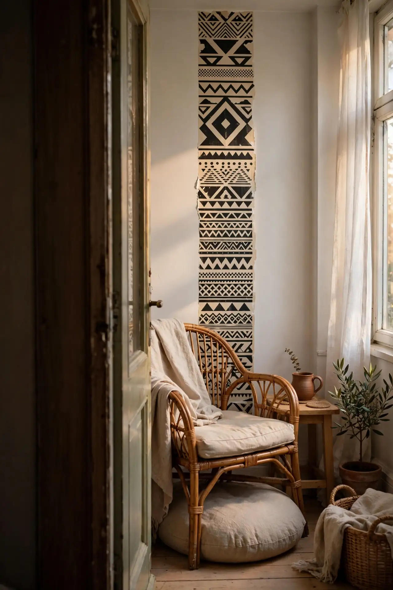 Removable mudcloth wall decals in a reading nook