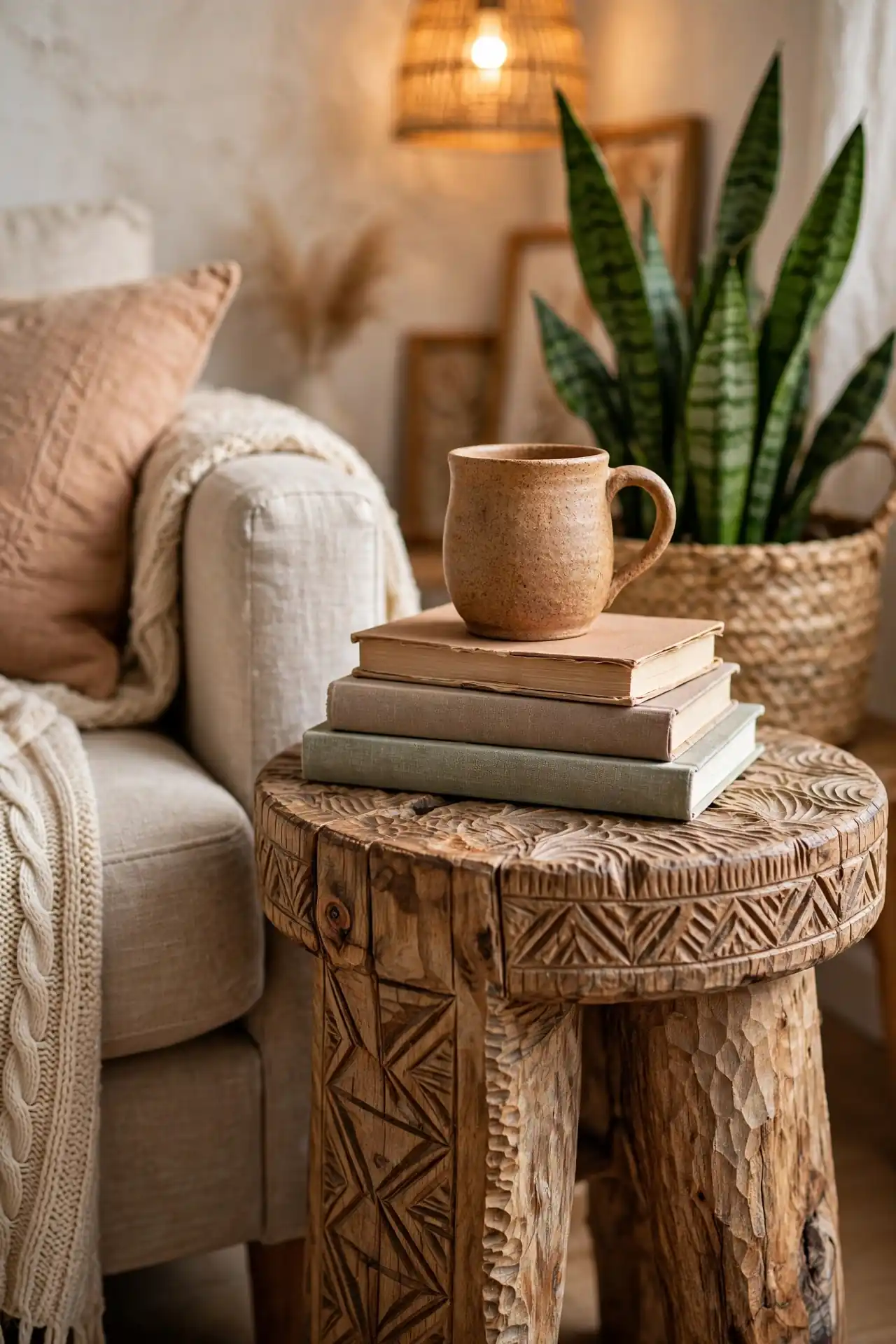 Carved wooden stool used as a side table