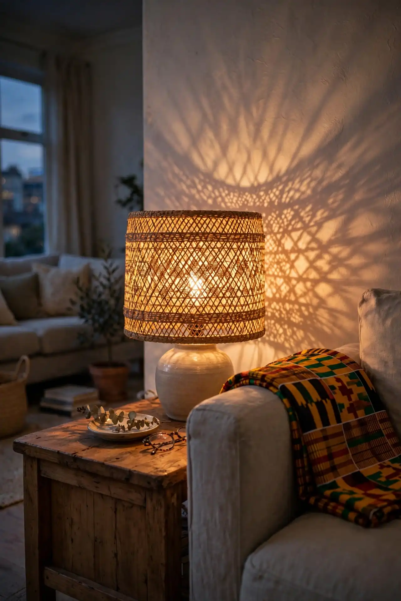 Table lamp with a woven rattan lampshade