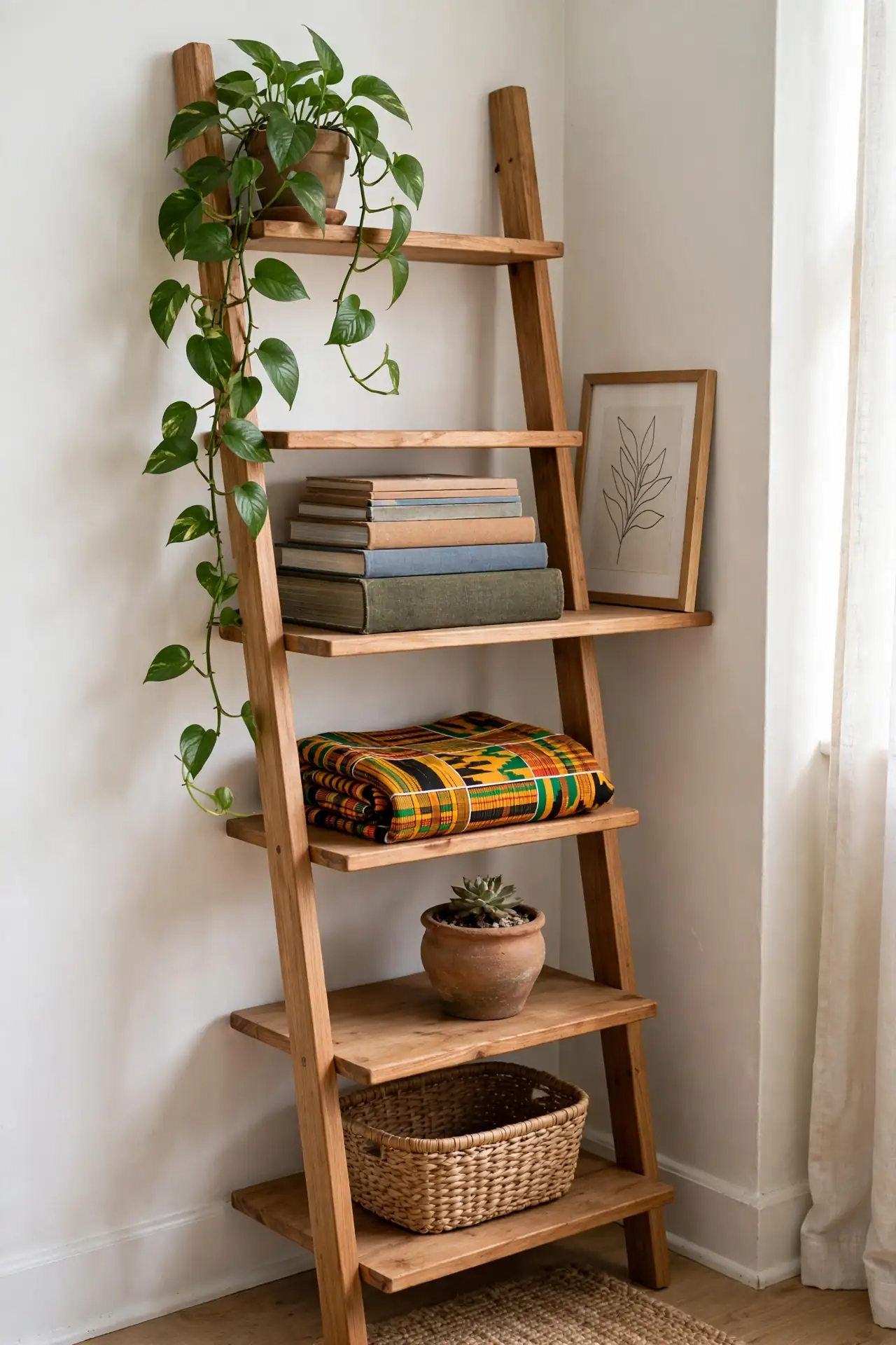 Leaning ladder shelf styled with plants and textiles
