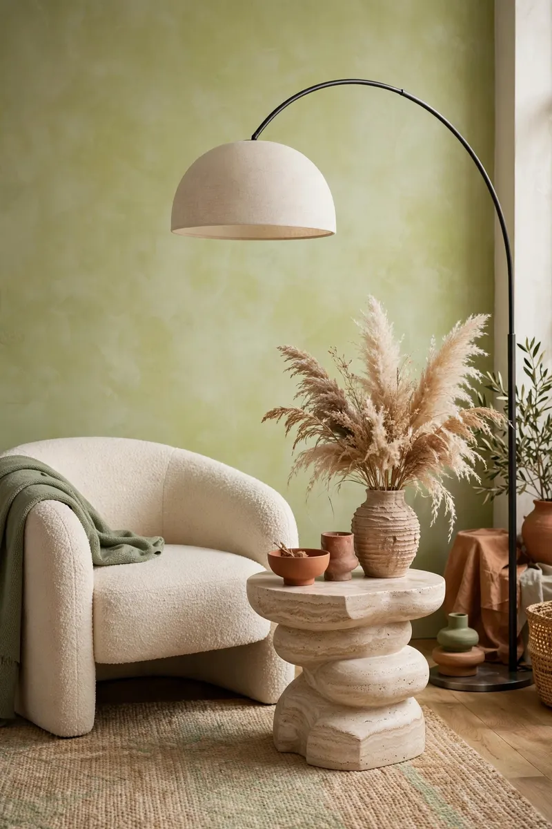 Trendy interior with boucle chair and arched lamp